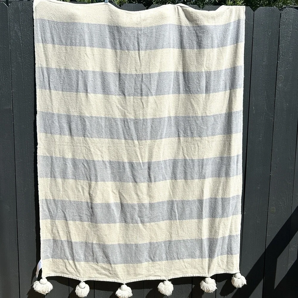 Anthropologie Nayland Boho Pom‎ Pom Throw Blanket 44X46 Coastal Stripe Tassel